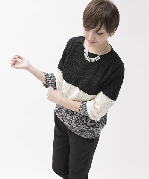 NANO universe（ナノユニバース）の「3段配色ケーブルニットプルオーバー L/S（ニット/セーター・レディース・ブラック/グレー・FREE）」の13枚目の写真