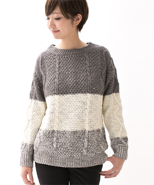 NANO universe（ナノユニバース）の「3段配色ケーブルニットプルオーバー L/S（ニット/セーター・レディース・ブラック/グレー・FREE）」の8枚目の写真