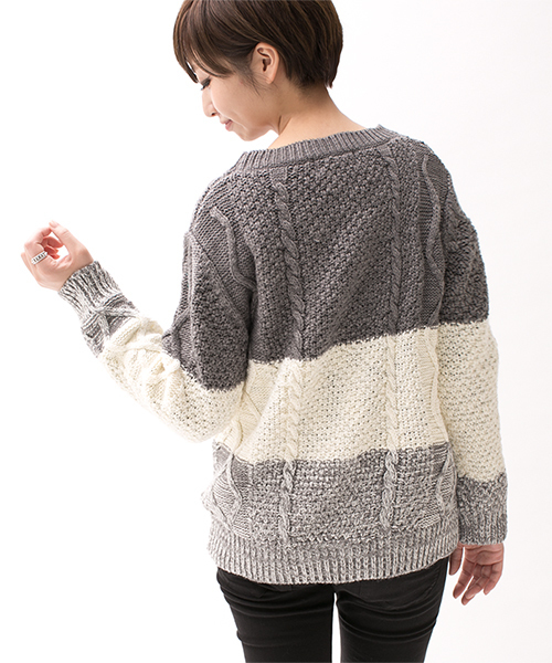 NANO universe（ナノユニバース）の「3段配色ケーブルニットプルオーバー L/S（ニット/セーター・レディース・ブラック/グレー・FREE）」の11枚目の写真