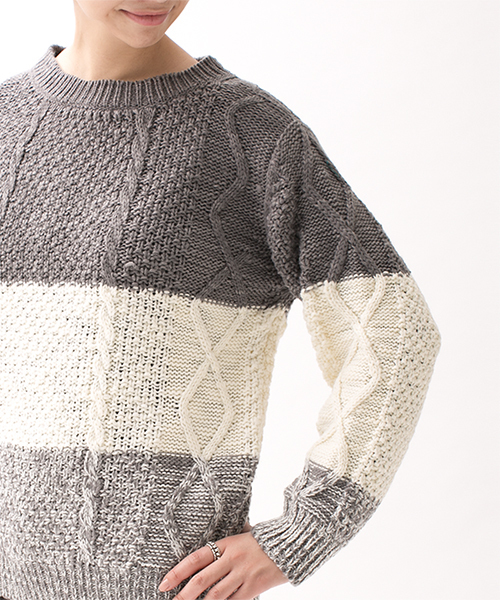 NANO universe（ナノユニバース）の「3段配色ケーブルニットプルオーバー L/S（ニット/セーター・レディース・ブラック/グレー・FREE）」の12枚目の写真