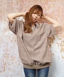 ビッグシルエットグレンチェック半袖ジップシャツ(IR)