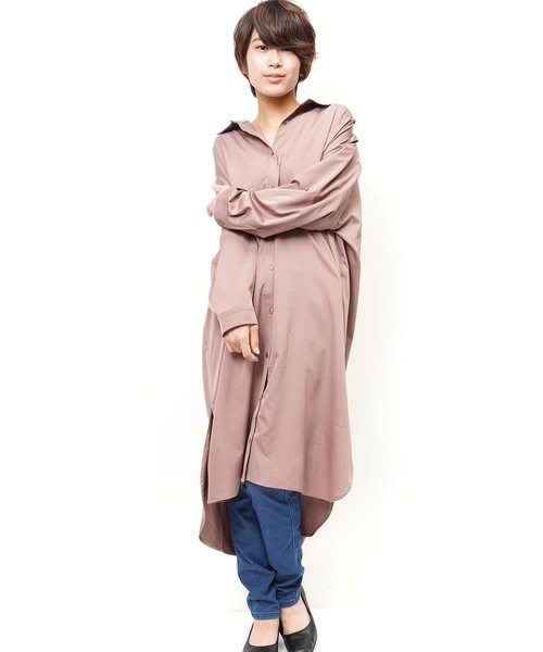 おしゃれスタ(オシャレスタ)の「ストレッチサテン タックデザインシャツOP(LC)(ワンピース・レディース・ベージュ/ネイビー/ブラック・FREE)」の2枚目の写真