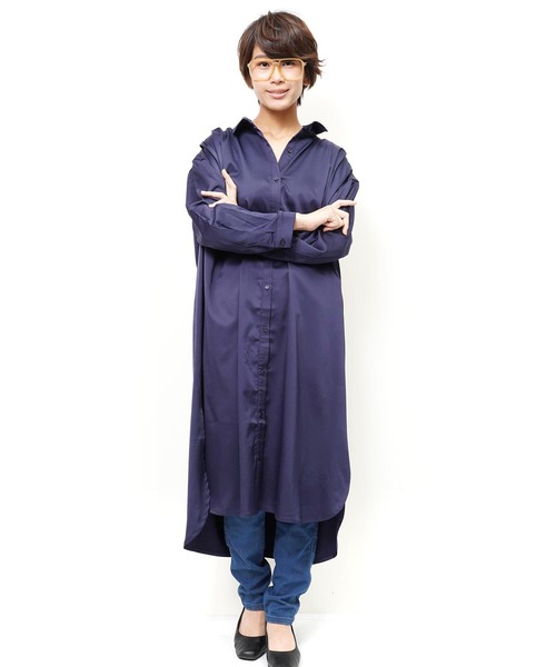 おしゃれスタ(オシャレスタ)の「ストレッチサテン タックデザインシャツOP(LC)(ワンピース・レディース・ベージュ/ネイビー/ブラック・FREE)」の3枚目の写真