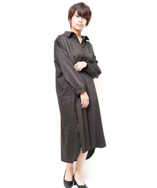おしゃれスタ(オシャレスタ)の「ストレッチサテン タックデザインシャツOP(LC)(ワンピース・レディース・ベージュ/ネイビー/ブラック・FREE)」の1枚目の写真