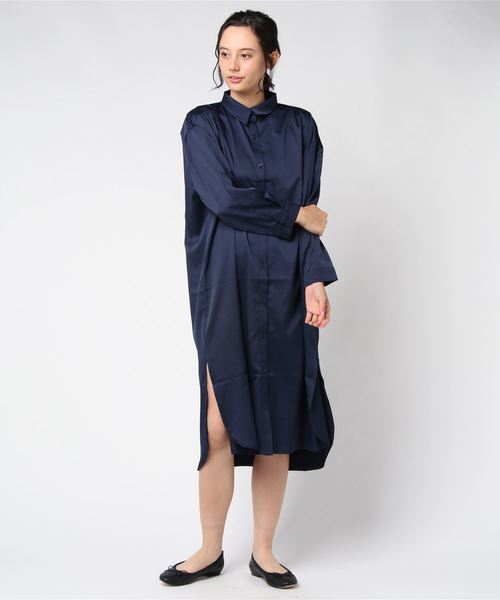 おしゃれスタ(オシャレスタ)の「ストレッチサテン タックデザインシャツOP(LC)(ワンピース・レディース・ベージュ/ネイビー/ブラック・FREE)」の19枚目の写真