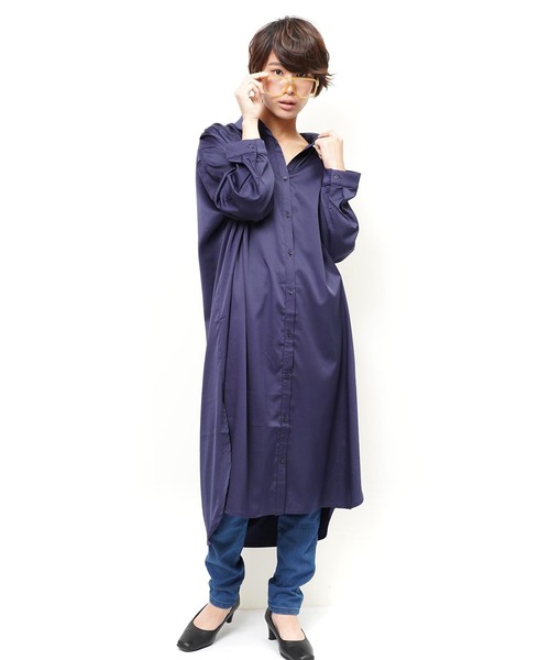 おしゃれスタ(オシャレスタ)の「ストレッチサテン タックデザインシャツOP(LC)(ワンピース・レディース・ベージュ/ネイビー/ブラック・FREE)」の9枚目の写真