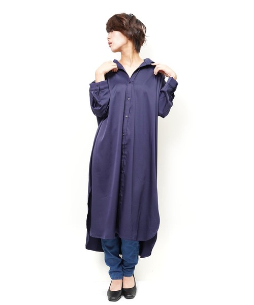 おしゃれスタ(オシャレスタ)の「ストレッチサテン タックデザインシャツOP(LC)(ワンピース・レディース・ベージュ/ネイビー/ブラック・FREE)」の8枚目の写真