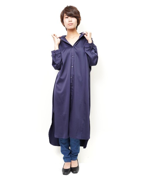 おしゃれスタ(オシャレスタ)の「ストレッチサテン タックデザインシャツOP(LC)(ワンピース・レディース・ベージュ/ネイビー/ブラック・FREE)」の7枚目の写真