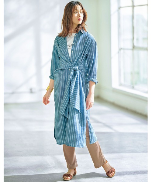 GeeRA（ジーラ）の「前結びデザインシャツワンピース（シャツワンピース・レディース・ブルー/オフホワイト・MEDIUM/LARGE/X-LARGE/XX-LARGE）」の7枚目の写真