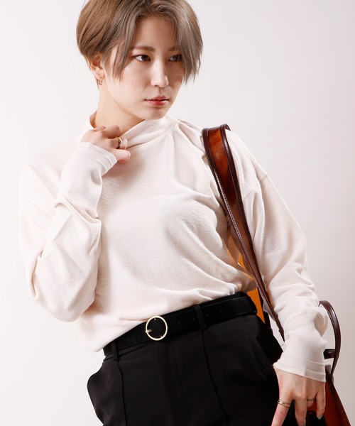 nougatine（ヌガティーヌ）の「【nougatine】リブ見えスラブライク天竺ハイネックオーバープルオーバー（ニット/セーター・レディース・チャコールグレー/ピンク/アイボリー・M）」の13枚目の写真