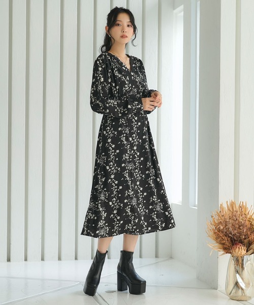 オカメ様良品✨ケイミー 和柄 ラップワンピース カシュクール 花柄 ケイミー 花柄カシュクールワンピース フラワー 7分袖 黒 総柄