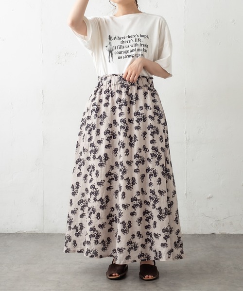 PUAL CE CIN（ピュアルセシン）の「麻/リネン キャンバス中花プリントスカート（スカート・レディース・ホワイト/ブラック/ナチュラル・FREE）」の11枚目の写真
