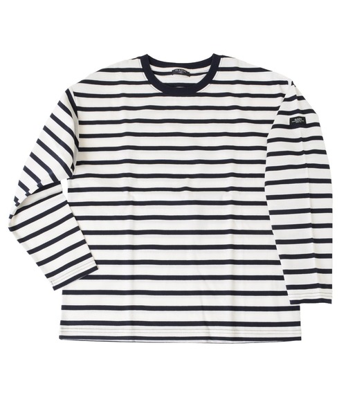 GLAZOS(グラソス)の「タフ天竺・ドロップショルダーボーダー長袖Tシャツ(Tシャツ/カットソー・キッズ・ホワイト/ベージュ/カーキ/ネイビー・130cm/140cm/150cm/170cm/160cm)」の1枚目の写真