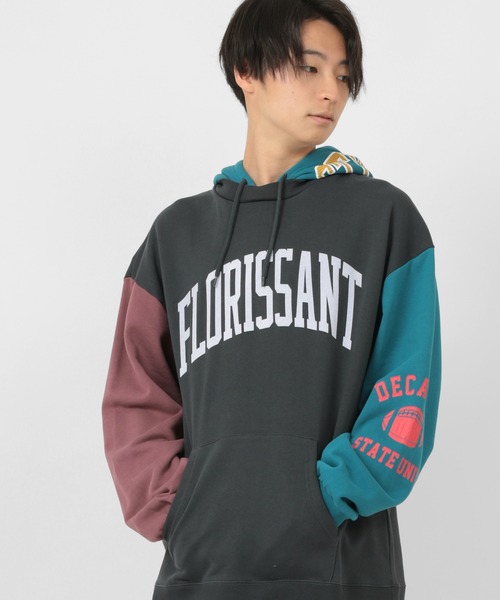 リメイク アップリケカレッジロゴ フード袖切替 プルパーカー リメイク アップリケカレッジロゴ フード袖切替 プルパーカー