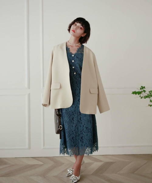 Leja 総レースワンピース　グレー Leja ドレス 「LEJA」総レース花柄レイヤード配色フレア後ろ
