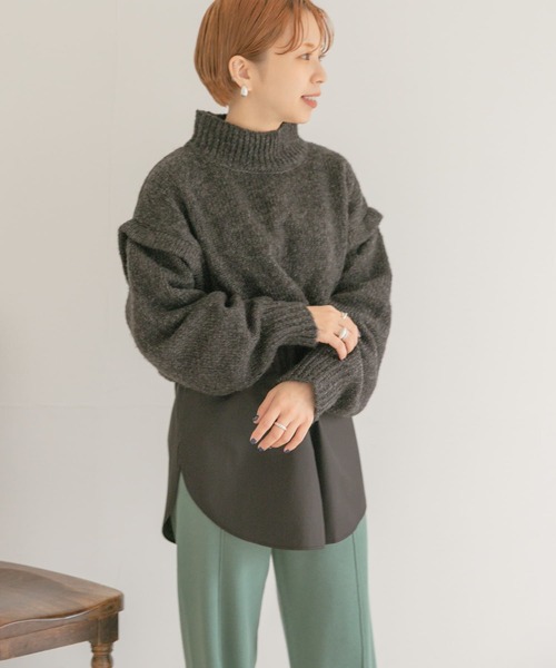 ITEMS URBANRESEARCH(アイテムズ アーバンリサーチ)の「ハイネックショートニット(ニット/セーター・レディース・チャコールグレー/グレー/グリーン・FREE)」の1枚目の写真