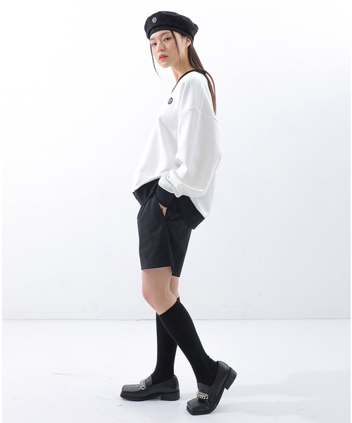BASIC COTTON(ベーシックコットン)の「A'GEM/9 × .kom『BASIC COTTON/ベーシックコットン』ミックスデザインVネックスウェットシャツ(スウェット・レディース・ホワイト/ブラック/ブラック×ホワイト・FREE)」の7枚目の写真