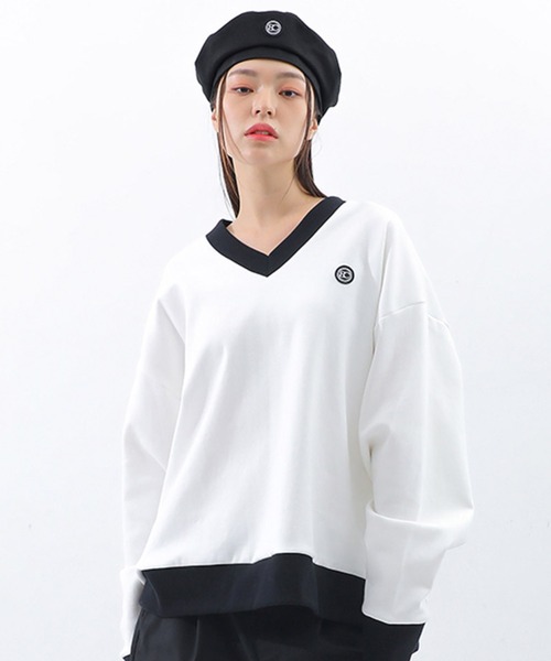 BASIC COTTON(ベーシックコットン)の「A'GEM/9 × .kom『BASIC COTTON/ベーシックコットン』ミックスデザインVネックスウェットシャツ(スウェット・レディース・ホワイト/ブラック/ブラック×ホワイト・FREE)」の16枚目の写真