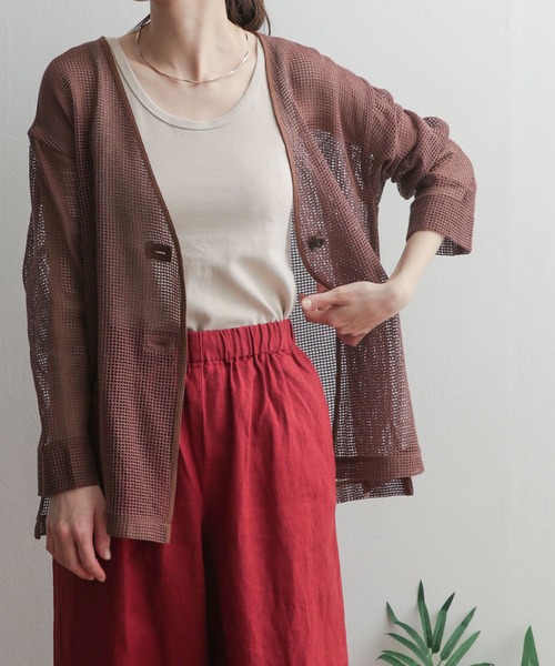 URBAN RESEARCH DOORS（アーバンリサーチドアーズ）の「カットメッシュカーディガンジャケット（カーディガン/ボレロ・レディース・ブラウン/ナチュラル・MEDIUM）」の4枚目の写真
