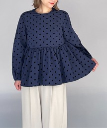 フロッキードットペプラムブラウス