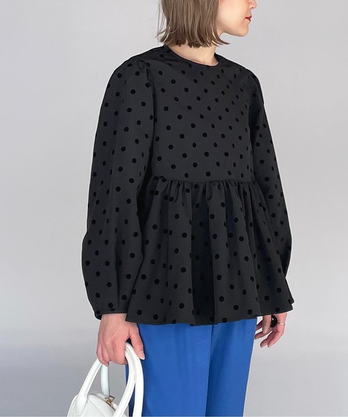 PICCIN（ピッチン）の「フロッキードットペプラムブラウス（シャツ/ブラウス・レディース・ブラック/ネイビー・M）」の4枚目の写真