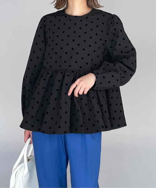 PICCIN（ピッチン）の「フロッキードットペプラムブラウス（シャツ/ブラウス・レディース・ブラック/ネイビー・M）」の3枚目の写真