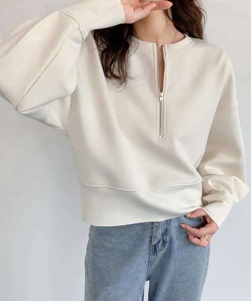 ABITOKYO(アビトーキョー)の「ハーフジップボリュウーム袖プルオーバー(スウェット・レディース・ベビーピンク/アイボリー/ブラック/ネイビー/ベージュ/ダークブラウン・L/M)」の2枚目の写真