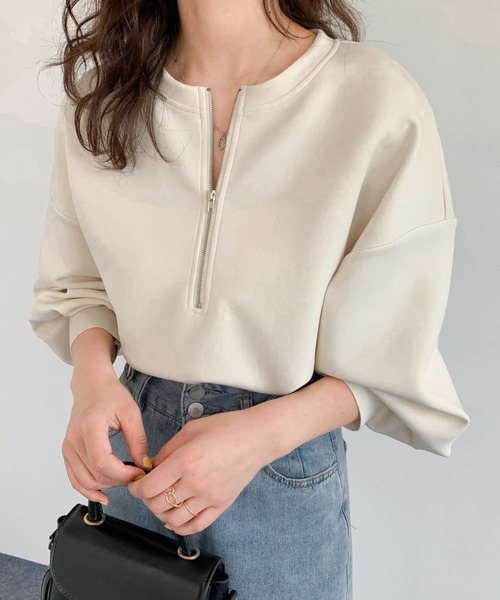 ABITOKYO(アビトーキョー)の「ハーフジップボリュウーム袖プルオーバー(スウェット・レディース・ベビーピンク/アイボリー/ブラック/ネイビー/ベージュ/ダークブラウン・L/M)」の19枚目の写真