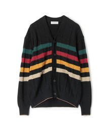 ウールナイロンコットン ケーブル×ボーダー Vネックカーディガン