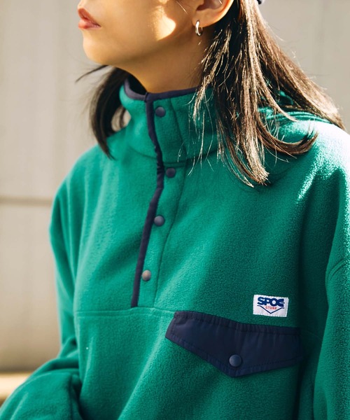 SPOC STORE（スポックストア）の「【SPOC STORE】ワンポイントロゴネーム オーバーサイズハーフボタンフリース（スウェット・レディース・パープル/ライトグレー/ブラック/アイボリー/ブルーグリーン/ブルー・M/L）」の18枚目の写真