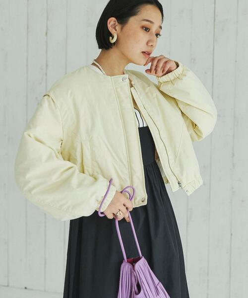 coen（コーエン）の「ショートパフブルゾン（ノーカラージャケット・レディース・ブラック/オフホワイト・M/L）」の9枚目の写真