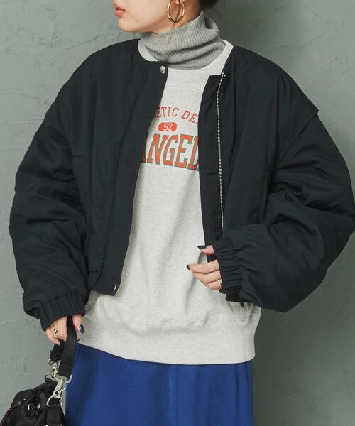 coen（コーエン）の「ショートパフブルゾン（ノーカラージャケット・レディース・ブラック/オフホワイト・M/L）」の18枚目の写真