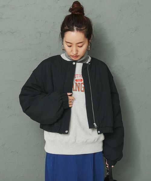 coen（コーエン）の「ショートパフブルゾン（ノーカラージャケット・レディース・ブラック/オフホワイト・M/L）」の16枚目の写真