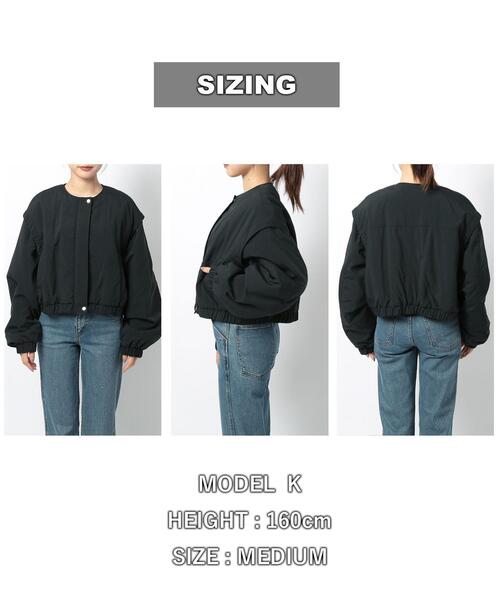 coen（コーエン）の「ショートパフブルゾン（ノーカラージャケット・レディース・ブラック/オフホワイト・M/L）」の8枚目の写真