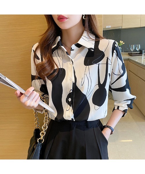 おしゃれスタ(オシャレスタ)の「レトロかわいい印象派カジュアル柄シャツ(シャツ/ブラウス・レディース・ブラウン/ブラック・L/XL/M/S)」の2枚目の写真