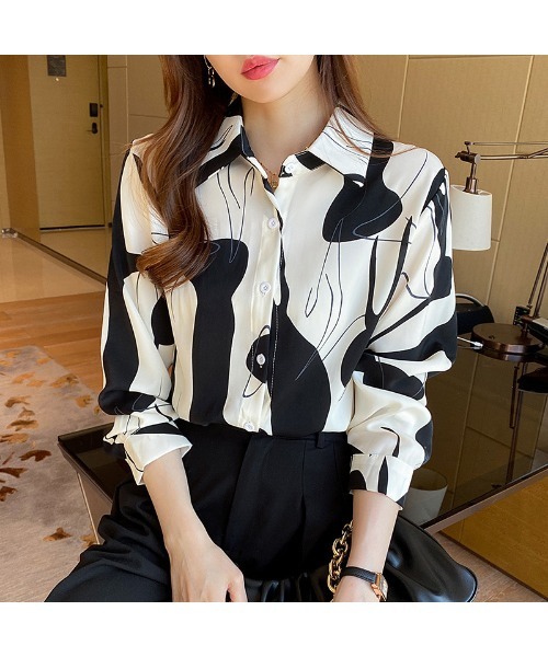 おしゃれスタ(オシャレスタ)の「レトロかわいい印象派カジュアル柄シャツ(シャツ/ブラウス・レディース・ブラウン/ブラック・L/XL/M/S)」の3枚目の写真