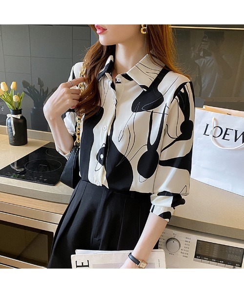 おしゃれスタ(オシャレスタ)の「レトロかわいい印象派カジュアル柄シャツ(シャツ/ブラウス・レディース・ブラウン/ブラック・L/XL/M/S)」の4枚目の写真