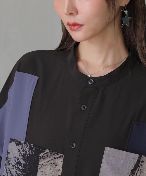 osharewalker（オシャレウォーカー）の「『パッチワークデザインロングシャツ』（シャツ/ブラウス・レディース・ブラック・1/2）」の4枚目の写真