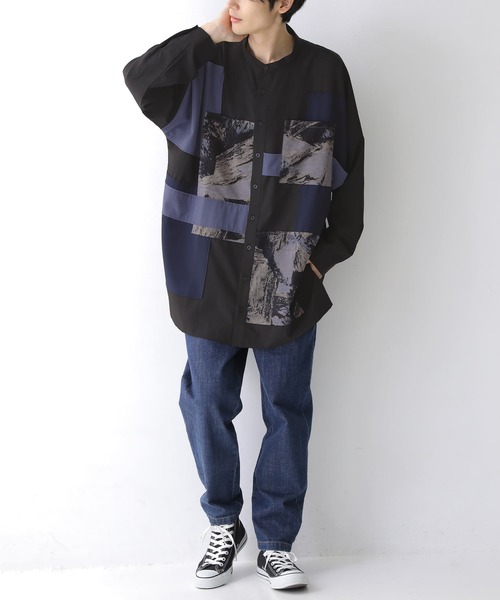 osharewalker（オシャレウォーカー）の「『パッチワークデザインロングシャツ』（シャツ/ブラウス・レディース・ブラック・1/2）」の9枚目の写真