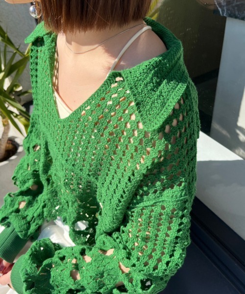 HIROMI TSUYOSHI かぎ針編み ニット トップス セーター 長袖 緑 セール】【nemne】かぎ針編みスキッパーレースニットトップス（ニット