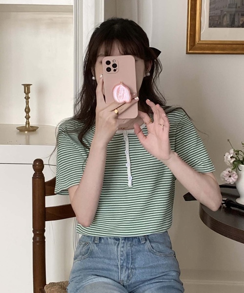 Girly Doll(ガーリードール)の「ヘンリーネックボーダートップス(Tシャツ/カットソー・レディース・ブラック/グリーン/パープル/ブルー/グレー・F)」の16枚目の写真