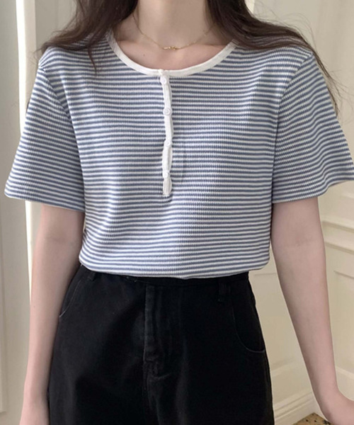 Girly Doll(ガーリードール)の「ヘンリーネックボーダートップス(Tシャツ/カットソー・レディース・ブラック/グリーン/パープル/ブルー/グレー・F)」の17枚目の写真