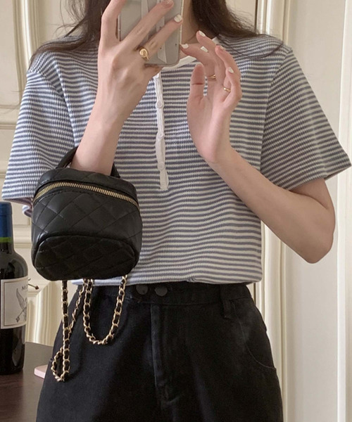 Girly Doll(ガーリードール)の「ヘンリーネックボーダートップス(Tシャツ/カットソー・レディース・ブラック/グリーン/パープル/ブルー/グレー・F)」の19枚目の写真