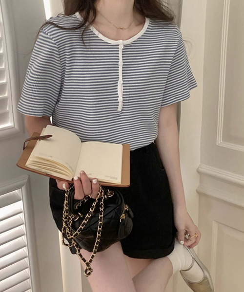 Girly Doll(ガーリードール)の「ヘンリーネックボーダートップス(Tシャツ/カットソー・レディース・ブラック/グリーン/パープル/ブルー/グレー・F)」の21枚目の写真