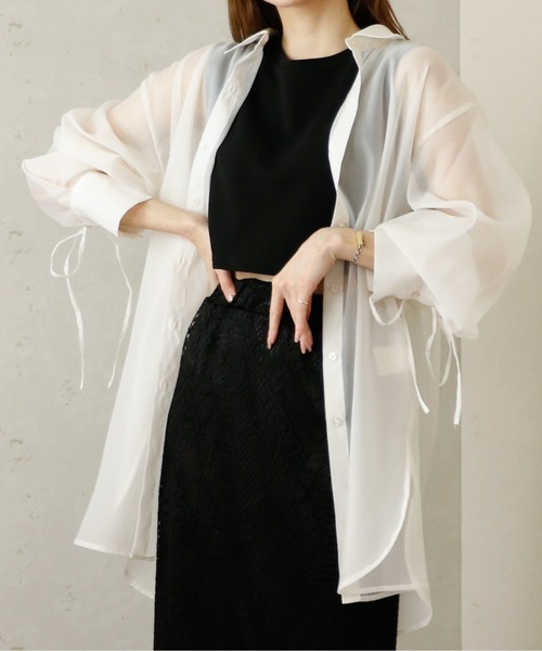 Per sist ence(パーシエンス)の「Per sist ence/パーシエンス オーガンジーシアーバックドロストシャツ(シャツ/ブラウス・レディース・グレー/ブラック/オフホワイト・FREE)」の3枚目の写真