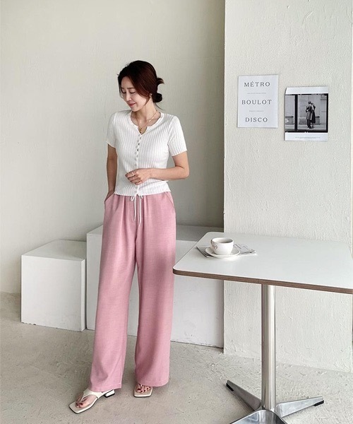 NANING9(ナンニング)の「NANING9 リブボタンニット半袖トップス(Tシャツ/カットソー・レディース・イエロー/オレンジ/アイボリー/ミント/ブラック・FREE)」の6枚目の写真