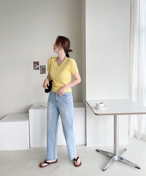 NANING9(ナンニング)の「NANING9 リブボタンニット半袖トップス(Tシャツ/カットソー・レディース・イエロー/オレンジ/アイボリー/ミント/ブラック・FREE)」の18枚目の写真