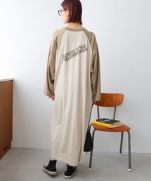 配色ラグラン長袖プリントTシャツワンピース