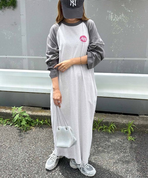 セール】配色ラグラン長袖プリントTシャツワンピース（ワンピース