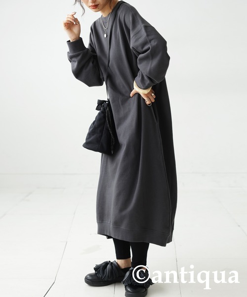 antiqua（アンティカ）の「綿100%裏毛長袖ワンピース（ワンピース・レディース・ブラック/スミクロ/グレイッシュベージュ/グレー・FREE）」の2枚目の写真